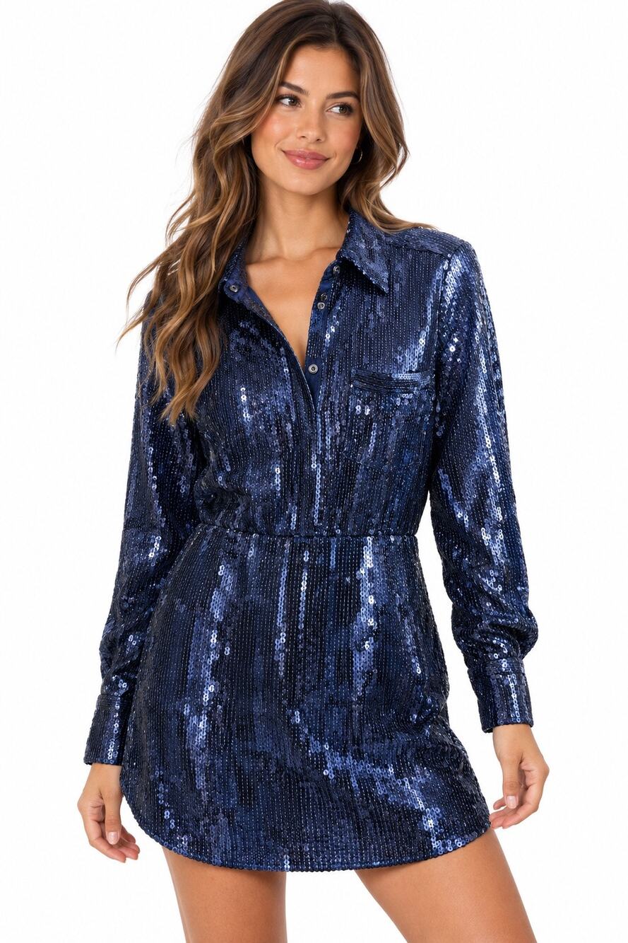 NWT Free People Midnight Navy Sequin Shirt Dress Size S Long Sleeve Party $168